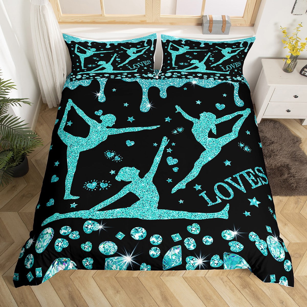 Black Teal Twin Size Bedding Sets For Girls Women Gymnastics Comforter ...