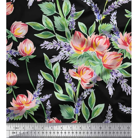 Soimoi polyester Crepe Fabric Leaves & Lotus Flower Print Fabric by the Yard 42 Inch Wide