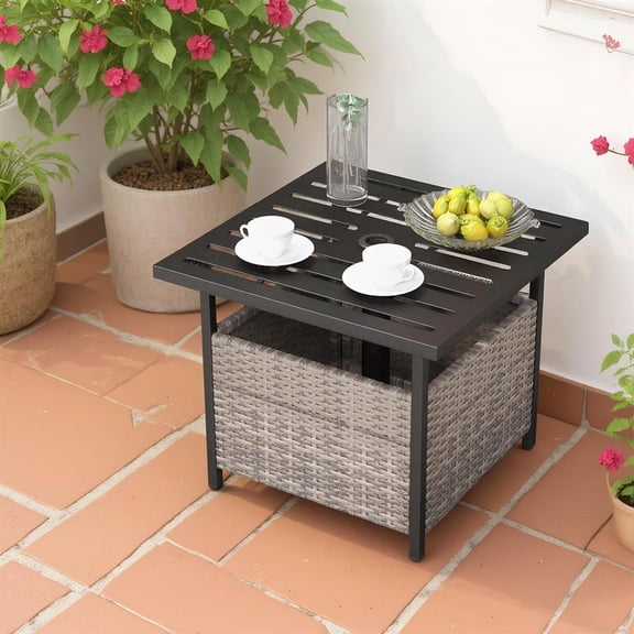 Topcobe Outdoor Patio Rattan Wicker Steel Side Deck Table, Outdoor Patio Furniture-Gray
