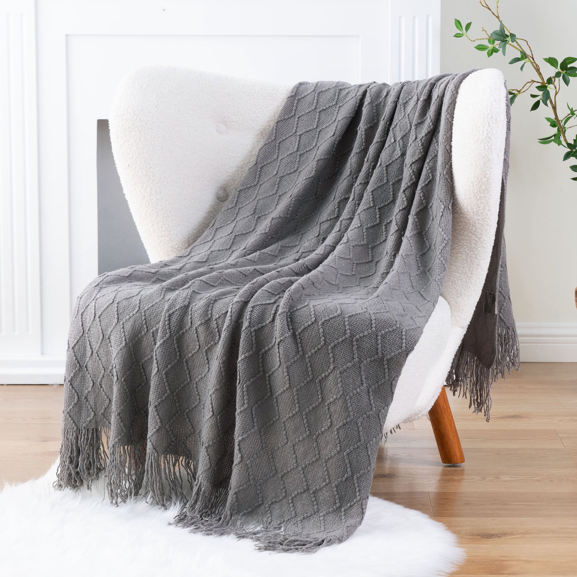 Battilo Dark Grey Throw Blanket for Sofa,Textured Solid Grey Blanket Throw,Knitted Bed Throw,50"x60"