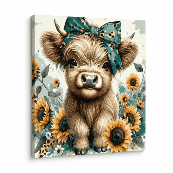 Cute Highland Cow Canvas Wall Art Amiable Sunflower Baby Calf Wall Decor Picture Rustic Farmhouse Wildlife Poster Print Painting for Bedroom Bathroom Room Home Decoration Prepare To Hang 16x20inch