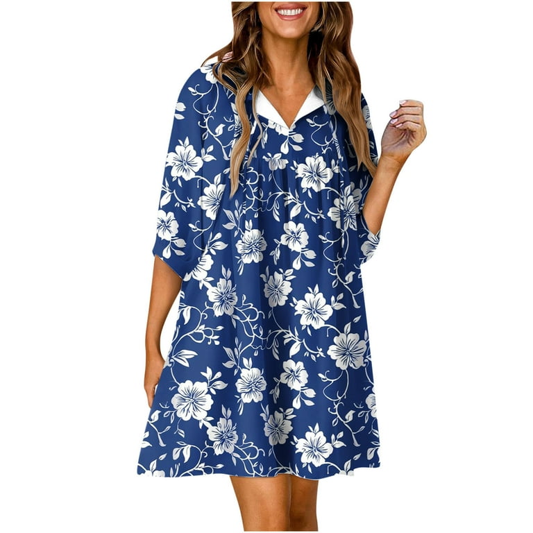 Floral Mini Dress Womens Summer Trendy Half Sleeve Lace-up Keyhole Neck  Loose Babydoll FLowy Short Dress (M, Blue) - Walmart.com