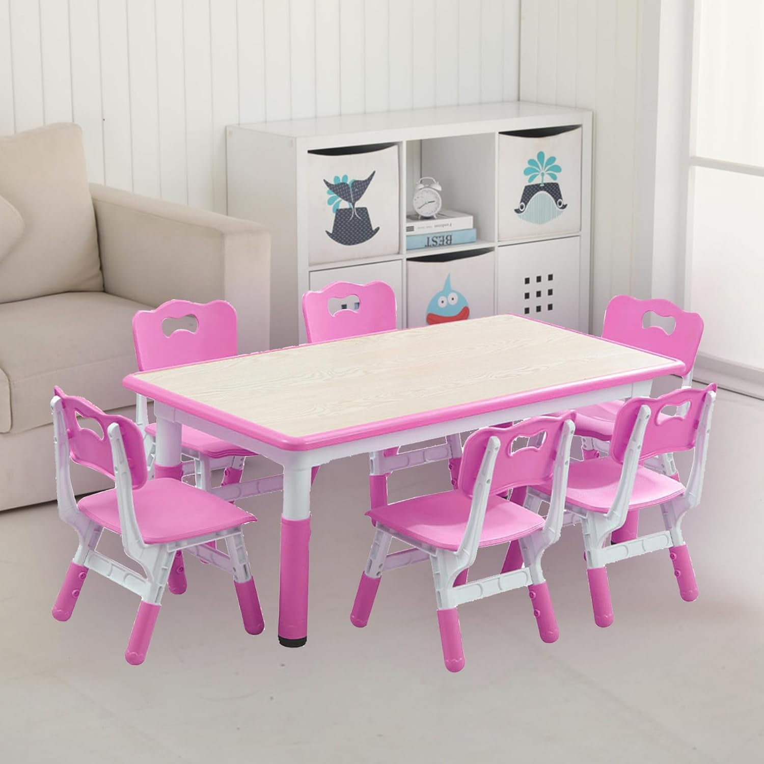 Height Adjustable Kids Table and 6 Chair Set - Multifunctional Desk with Ergonomically Designed Chairs, Supports Up to 300 lbs, Ideal for Ages 2-10 in Classrooms, Daycares, and Home Use