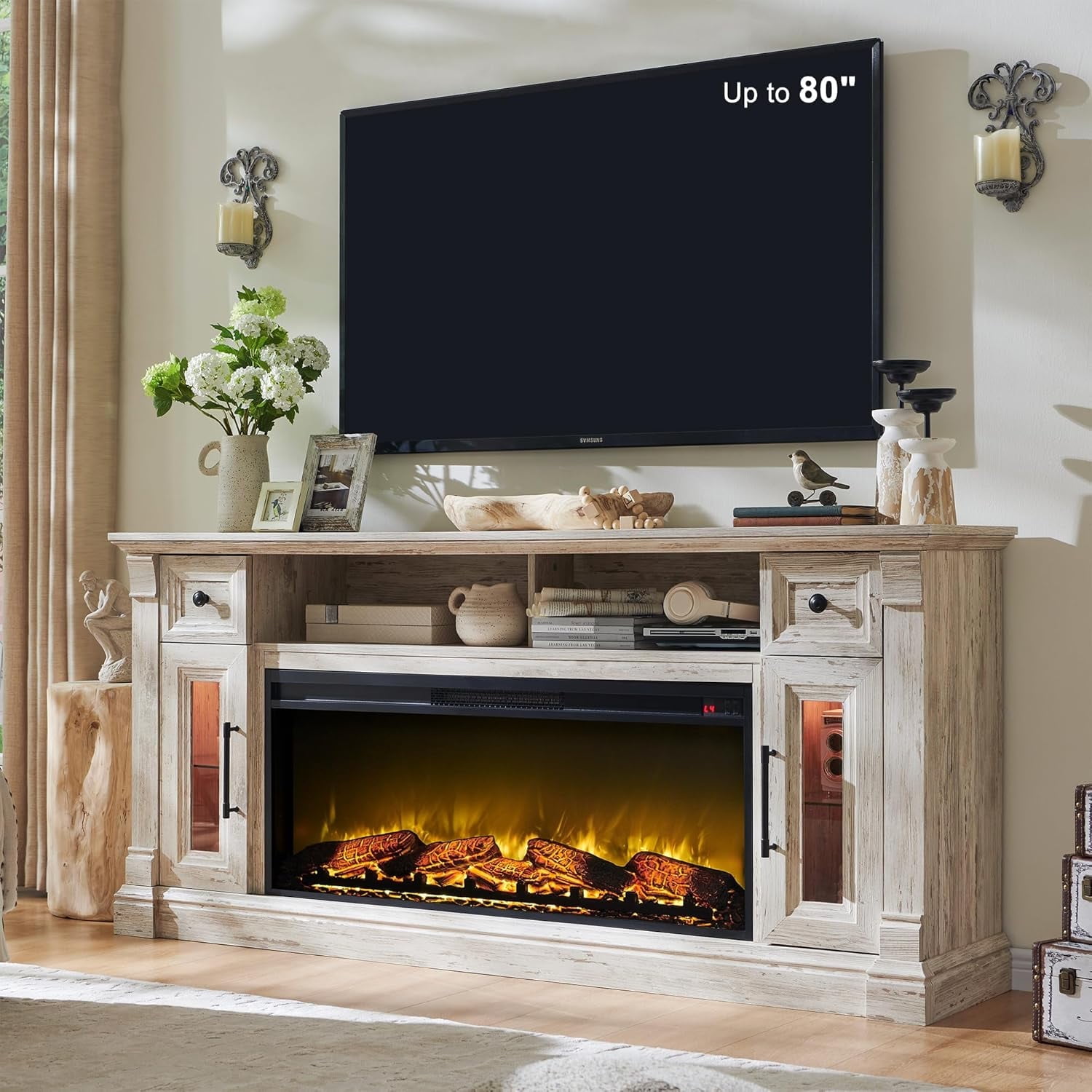 OKD, Farmhouse Fireplace TV Stand, 70 inches, White - Walmart.com