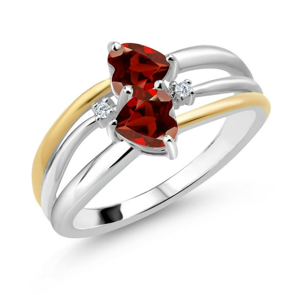 Gem Stone King 1.22 Cttw Red Garnet and White Lab Grown Diamond 2-Heart Shape Ring for Women | 925 Silver and 10K Yellow Gold | Gemstone January Birthstone | Heart Shape 5MM| Size 5