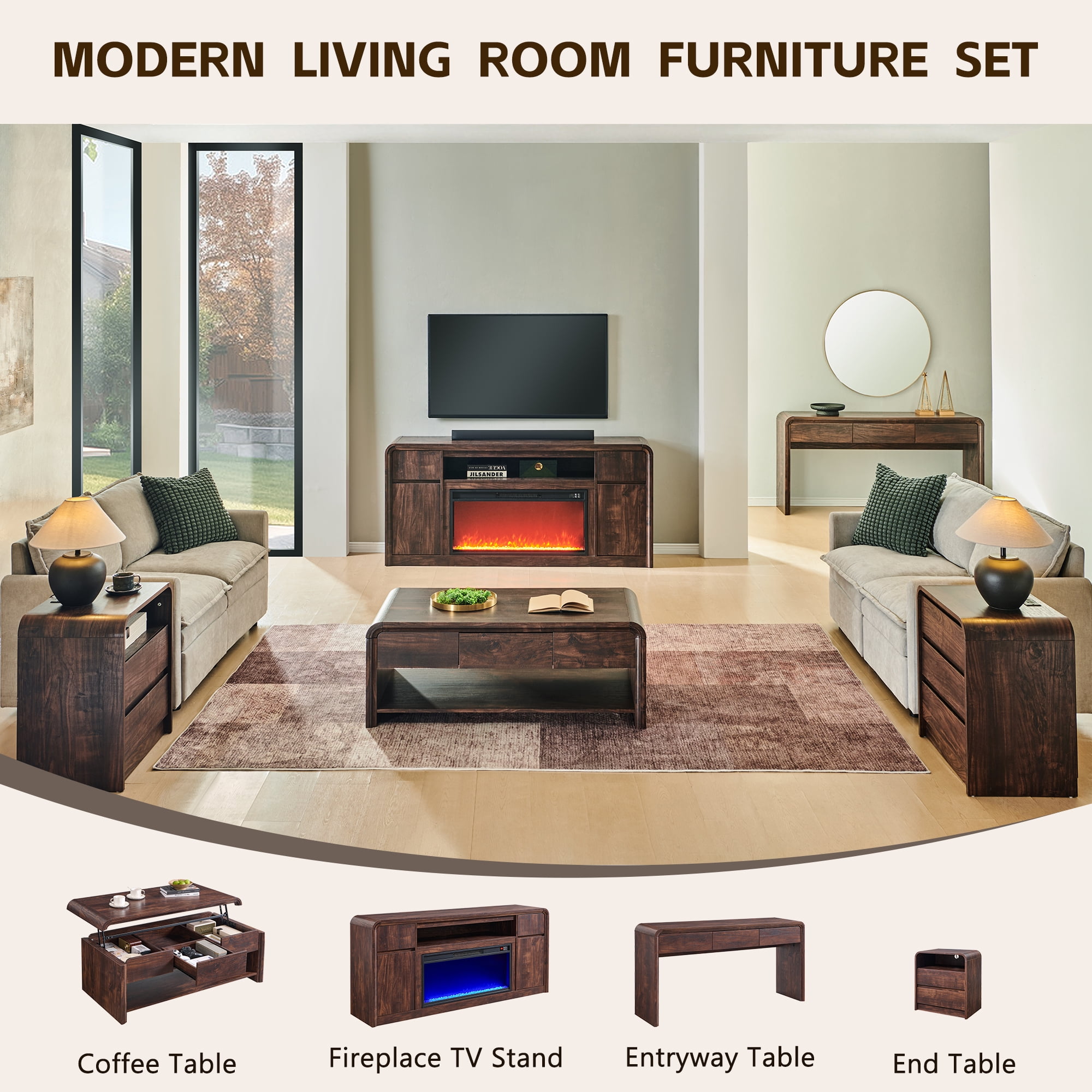 Modern Fireplace TV Stand for 75 inches TV, 36" Electric Fireplace w/ Wood Media Console, 32" Tall Entertainment Center & Adjustable Shelves for Living Room, Curved Profile Design