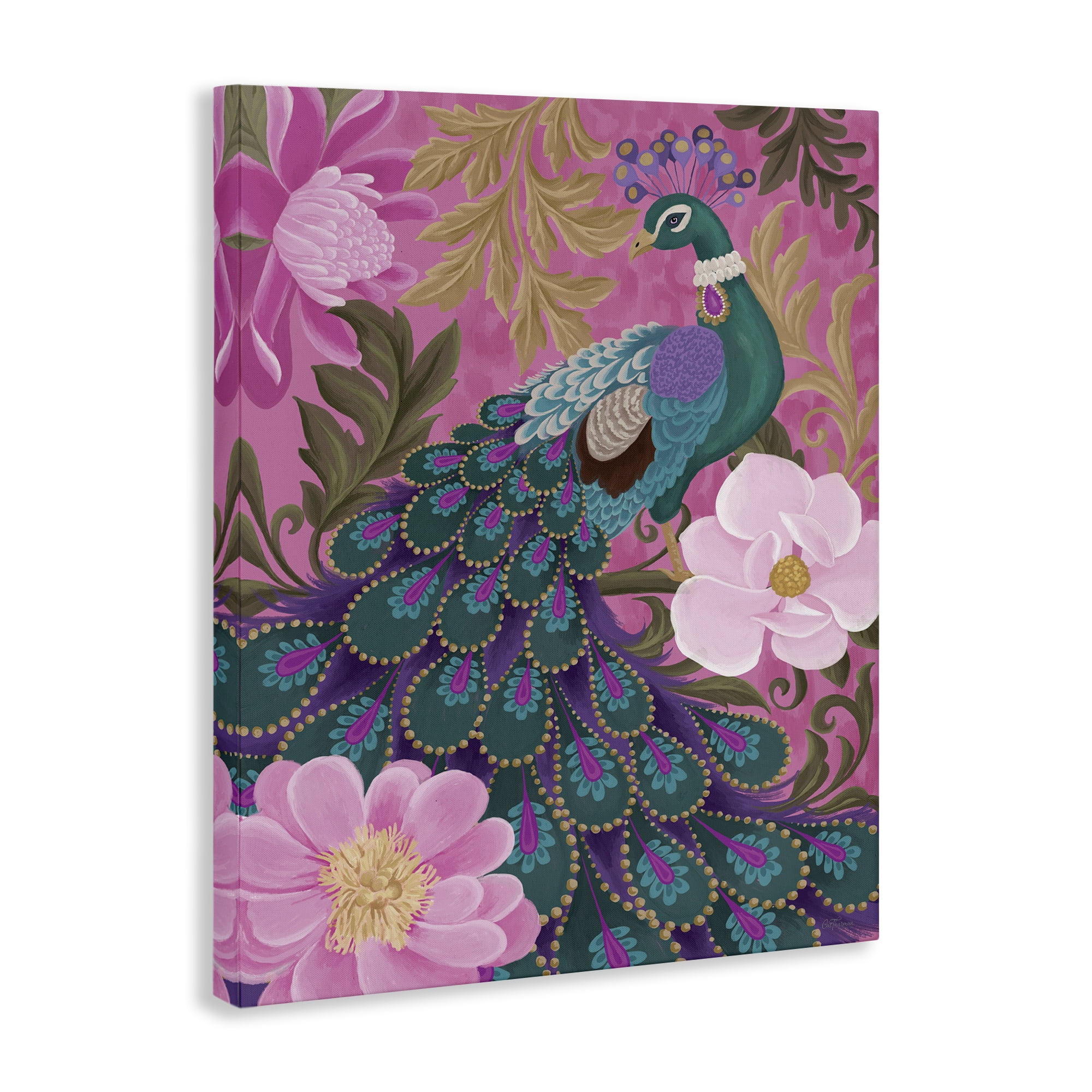 Stupell Industries Peacock & Pink Blossoms Animals & Insects Painting Gallery Wrapped Canvas Art Print Wall Art, 16 x 20