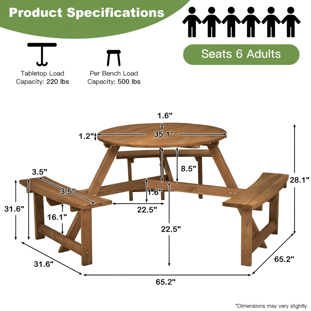 Hommoo 6-Person Round Wooden Picnic Table with Umbrella Hole, Outdoor Patio Table with 3 Built-in Benches, Rustic Solid Wood Design for Backyard, Garden & Deck, Dark Brown