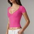 thumbnail image 3 of Women Slim V Neck Short Sleeved T Shirt Solid Color Sexy, 3 of 5