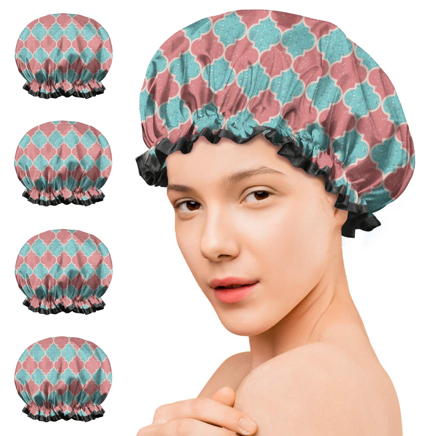 Shower Caps,Red Teal Checkerboard Checkered Pattern Waterproof Shower Cap for Women 4 Pieces,Double Reusable Hair Cover for Shower PEVA Elastic Stretch Hem