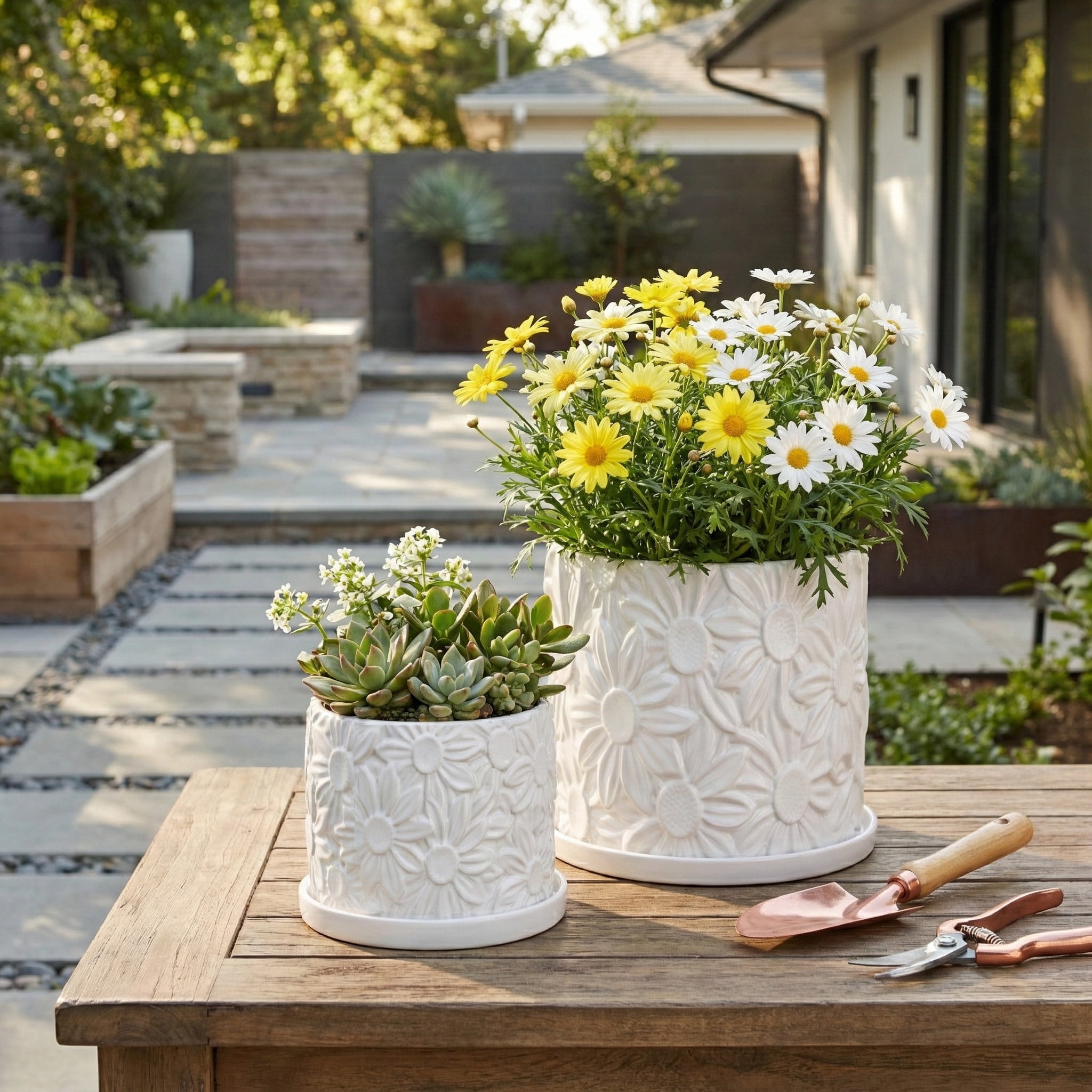 Ceramic Daisy Flower Pot Planter with Saucer for Home Decor - Decorative Plant Pots for Indoor and Outdoor Spaces - Garden Accent for Living Room, Patio, or Backyard - Set of 2, 7", 5", White