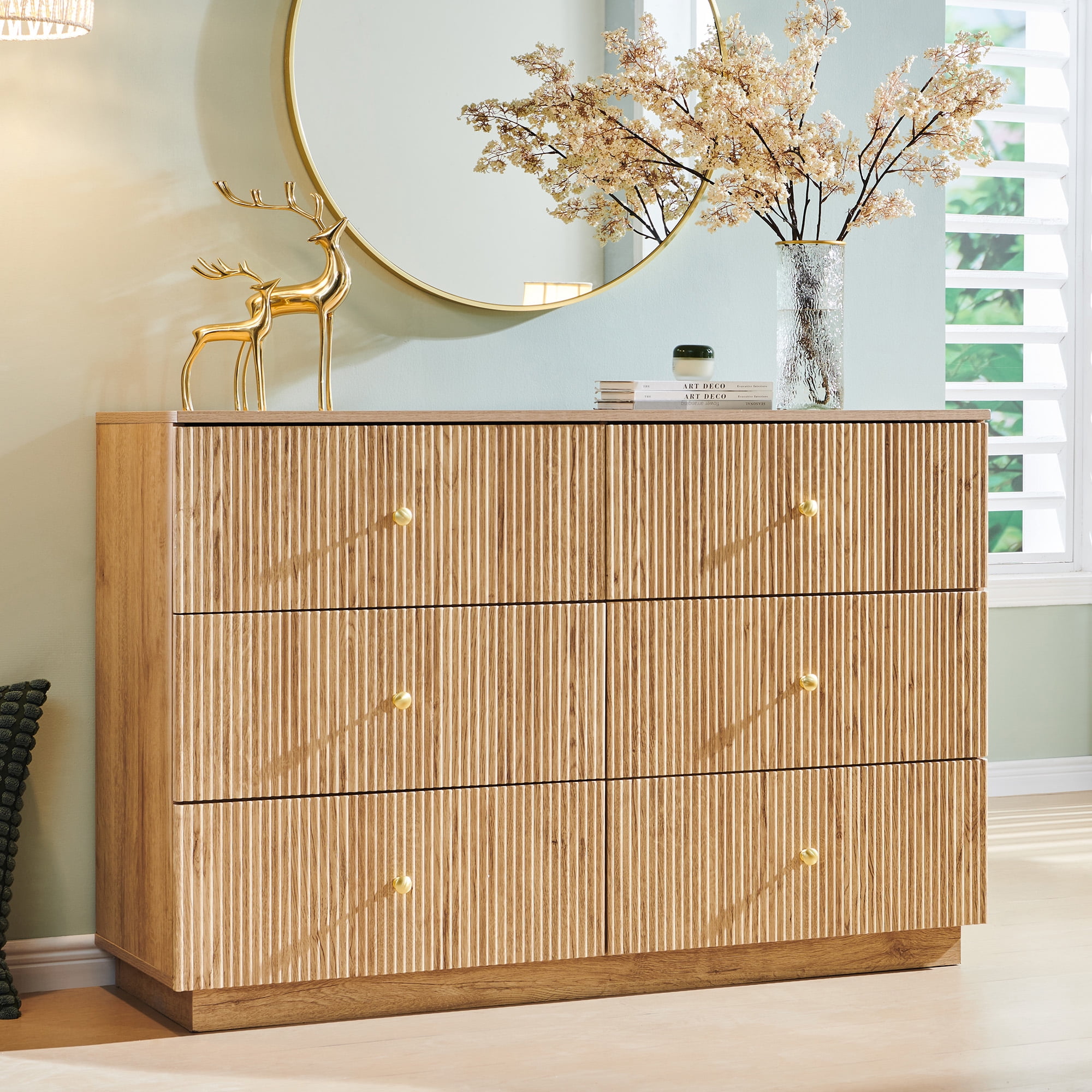 wow97e Fluted 6 Drawers Dresser for bedroom, Wood Chest of Drawers with Deep Storage, Tall Modern Bedroom Chest for Closet Hallway, Entryway, Living Room