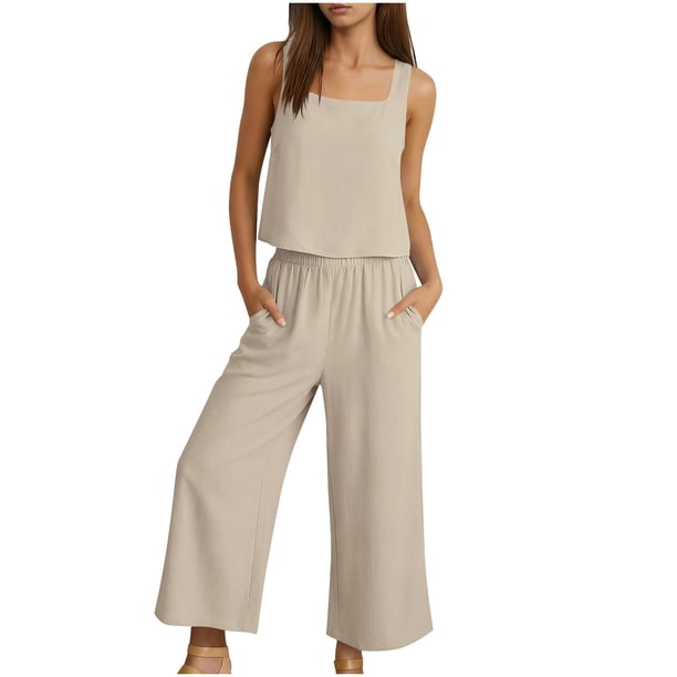 Mujer Pantalones Casual sin Mangas Cuello Redondo Blusa con Cintura Elástica Suelta Bolsillos Pantalones Conjunto de Dos Piezas