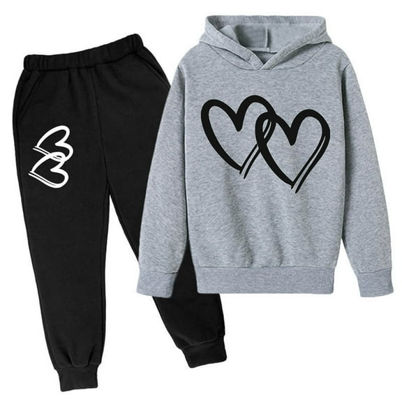 Xijirk Valentines Day Children Hoodie Set Valentine Heart Print Pullover and Pants Comfortable Casual Loungewear Two Piece Outfit,Light Gray,9-10 Years