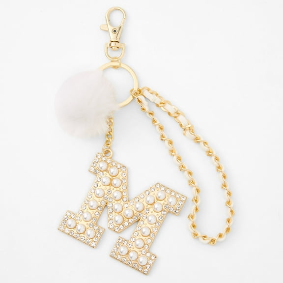 Claire's Gold Bling Initial Pom Pom Keychain, Metal - White, M