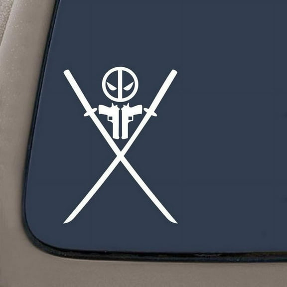 Deadpool Inspired Swords Guns Decal Sticker | 7-Inches By 5-Inches | White Vinyl | Car Truck Van SUV Laptop Macbook Wall Decals