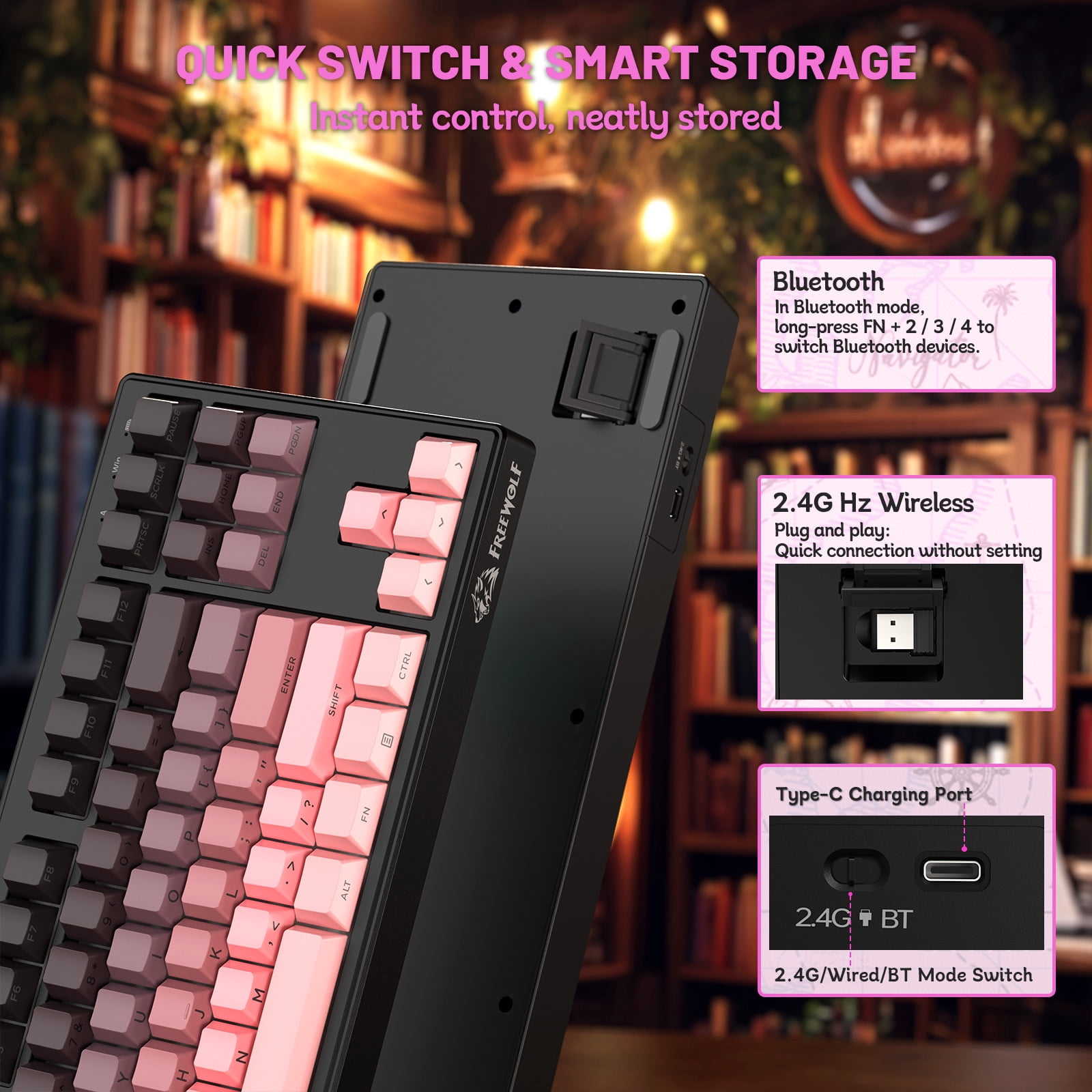 ZIYOU LANG M87V2 Wireless Keyboard, 80% TKL Creamy Keyboard, Low Profile Quiet Typing, Side-Printed PBT Keycaps, RGB Backlit, Pink