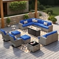 thumbnail image 3 of XIZZI 15-Piece Outdoor Patio Furniture Set with Fire Pit Table Swivel Rocking Chair, Wicker Outdoor Sectional with Ottoman & Solar Coffee Table for Garden, Large Villa Manor, Navy Blue, 3 of 11