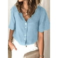 thumbnail image 3 of QWZNDZGR Womens Casual Solid Color Short Sleeve Shirt V Neck Button Down Blouses, 3 of 5