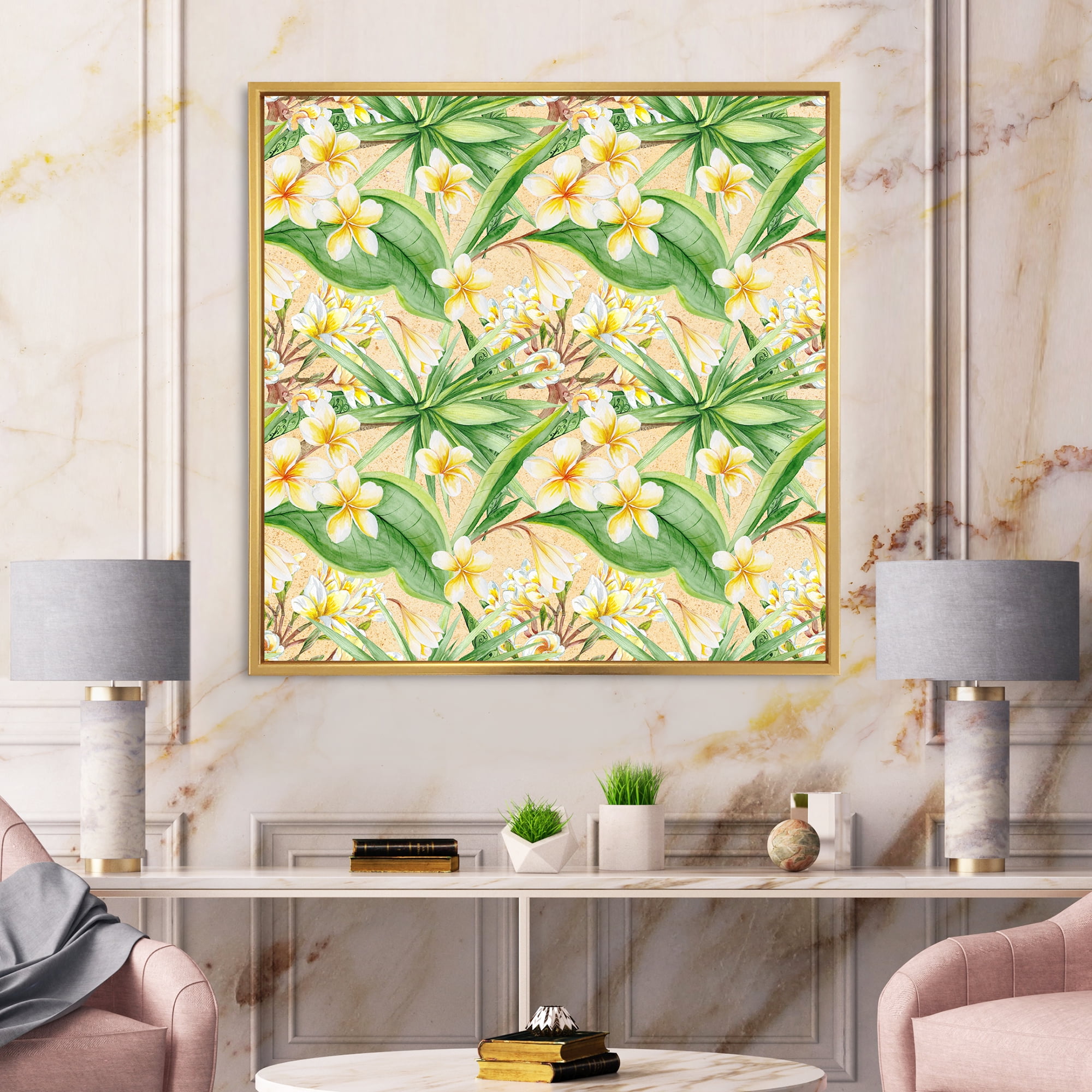 Designart 'Yellow Flowers and Tropical Foliage XIII' Modern Framed Canvas Wall Art Print