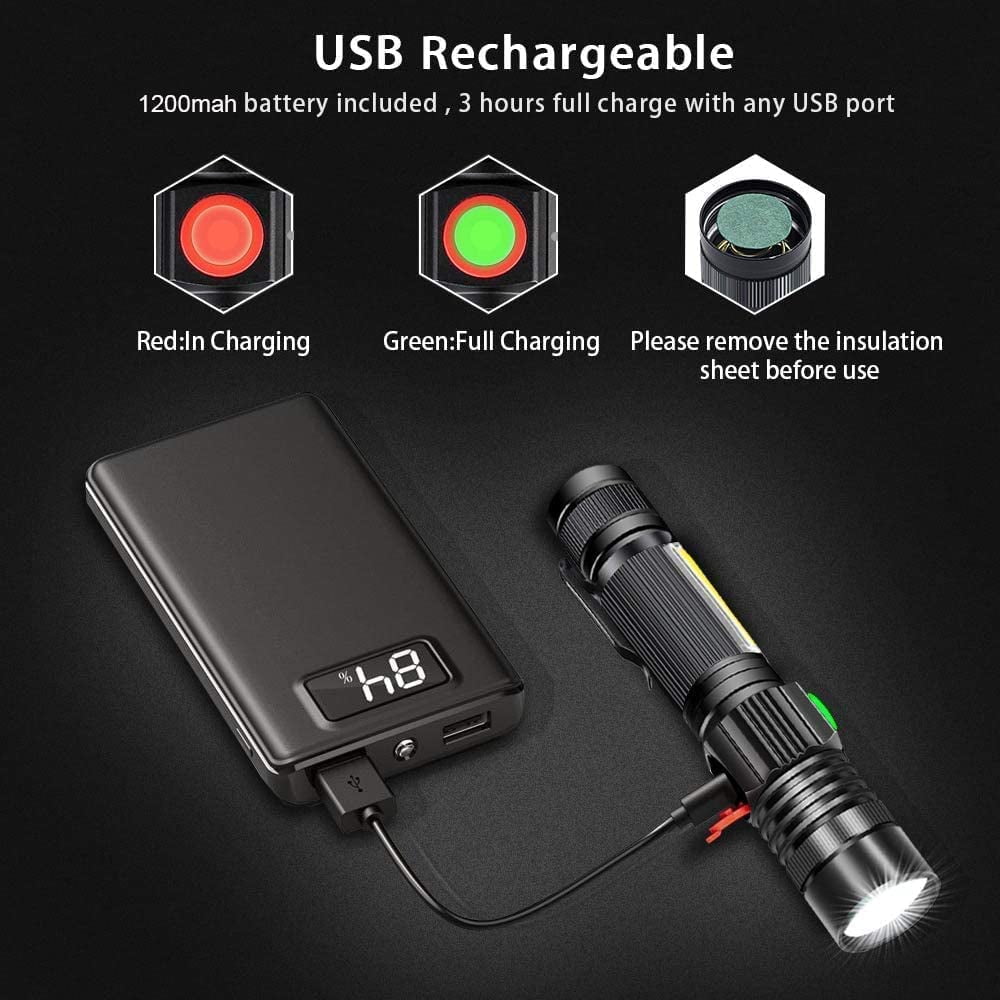 yiyang Rechargeable Flashlight(Battery Included), Magnetic LED Flashlight with COB sidelight, 1200 Lumen Super Bright LED, Waterproof, Zoomable, 4 Modes Best Flashlight for Camping, Emergency