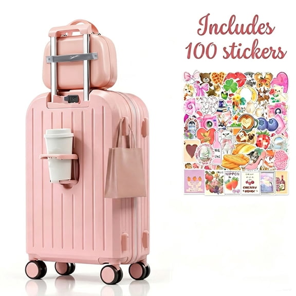 JUIKURY 20 Inch Carry On Luggage Set with Stickers, 2 Piece Hard Shell Suitcase with Cup Holder, USB Port, Lock & Hook, Pink