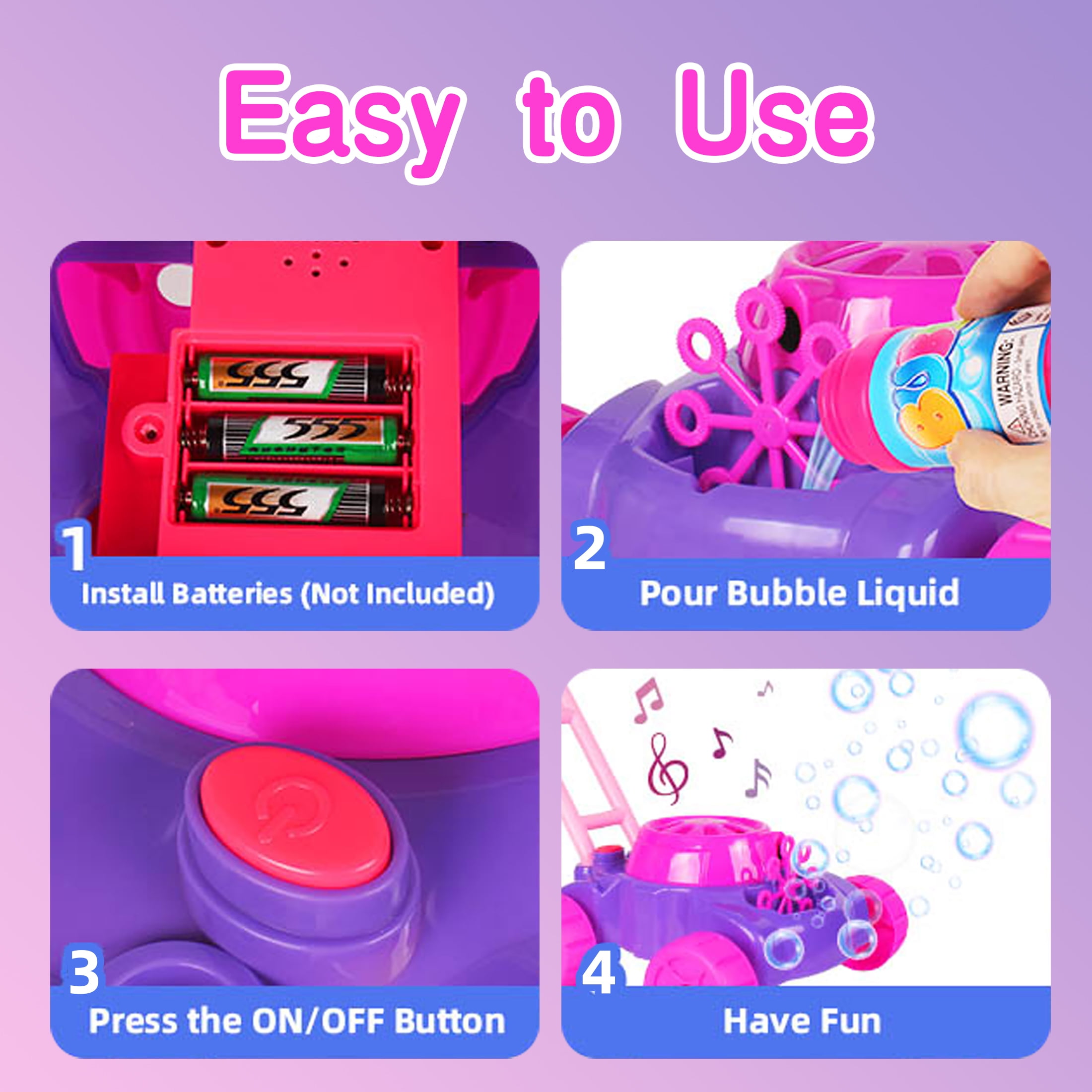 KOPPOP Bubble Lawn Mower - Bubble Machine for Outdoor and Indoor Use, Push Mower with Sound Effects and Bubble Blowing Function - Purple