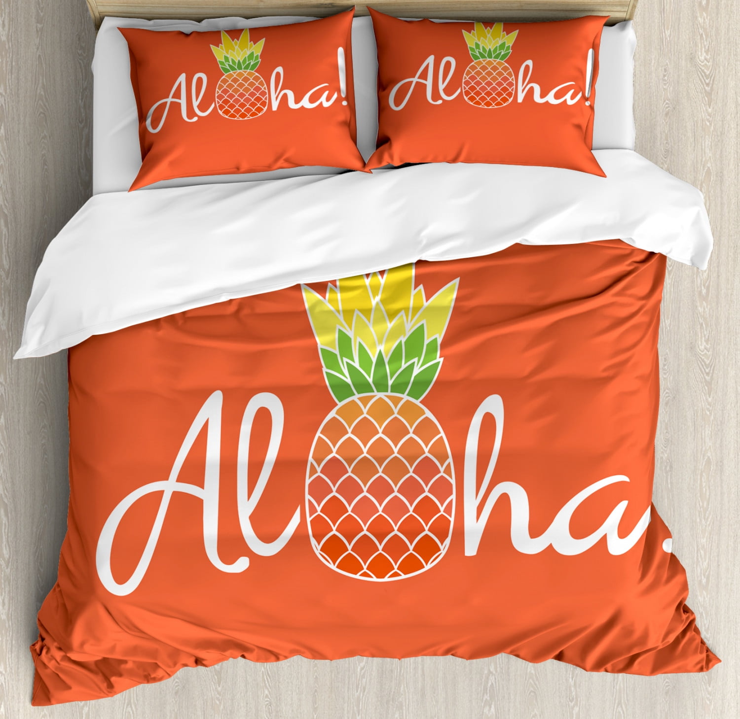 Aloha Duvet Cover Set, Aloha Calligraphy with a Pineapple Fruity