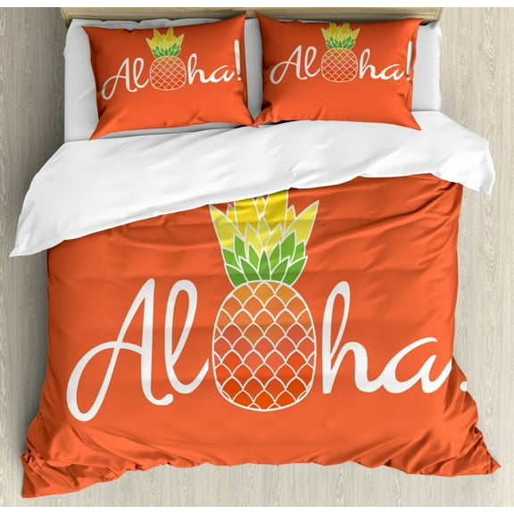 Aloha Duvet Cover Set Queen Size, Aloha Calligraphy with a Pineapple Fruity Hawaiian Theme, Decorative 3 Piece Bedding Set with 2 Pillow Shams, Vermillion Lime Green Mustard and White, by Ambesonne