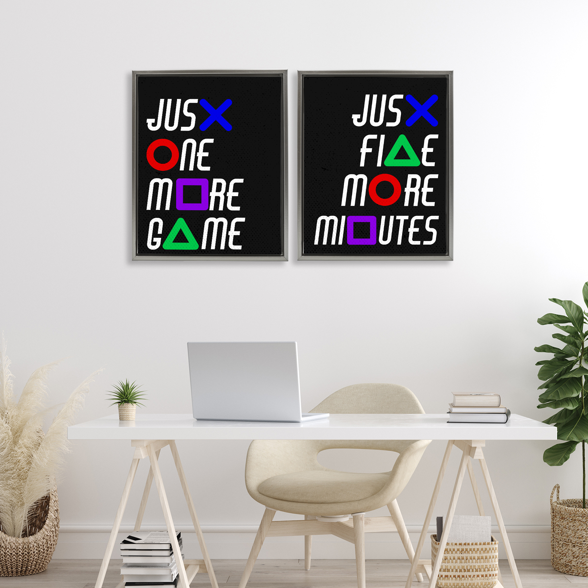 Gamer Button Symbols Phrases 2 Piece Gray Framed Floater Canvas Set, design by Kim Allen