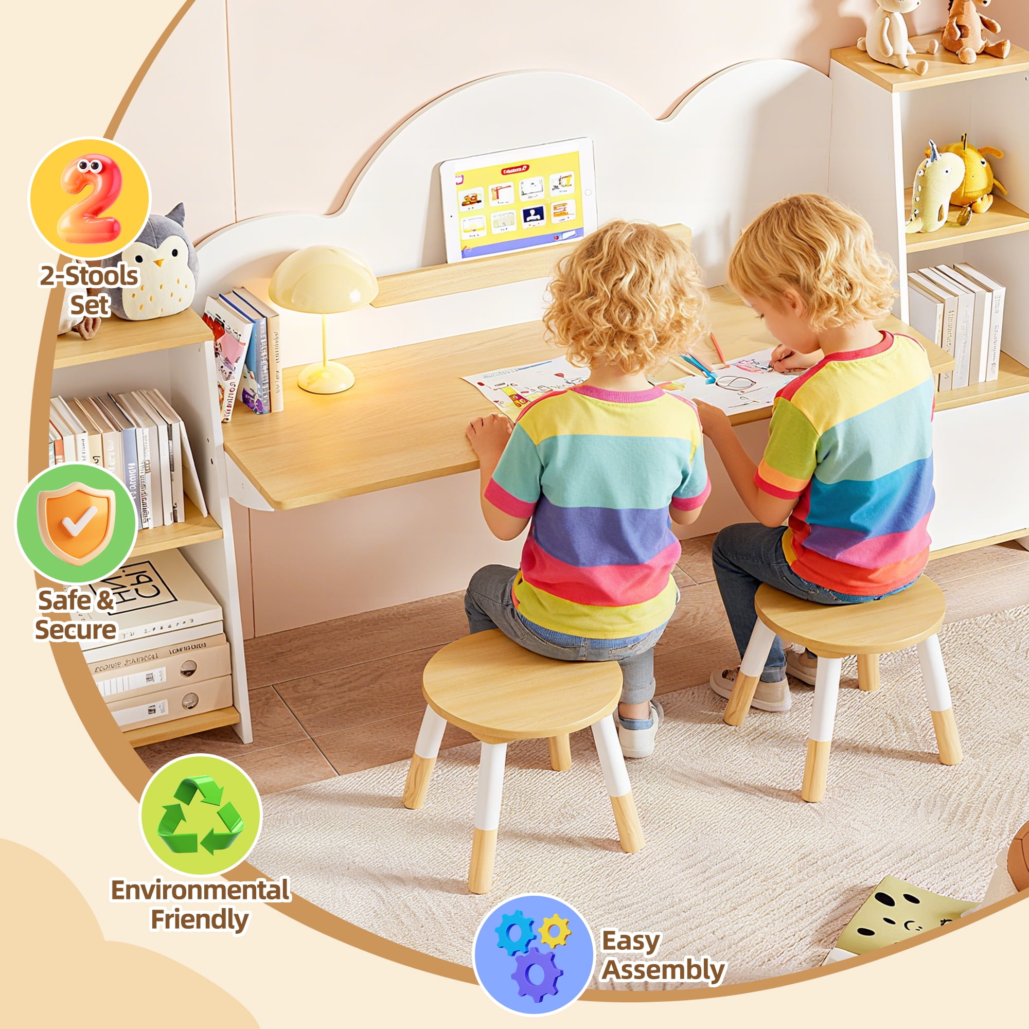 Joywind Kids Desk and Chair Set with Bookshelf & 2 Stools, 5-Storage Cabinet Study Table, Wooden Writing Desk for Children Ages 3-8, for Boys Girls Bedroom or Playroom