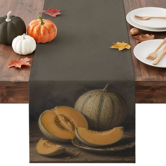Thanksgiving Melon Table Runner, Fall Country Farmhouse Vintage Washable Cotton-linen Table Runners Dining Kitchen Decoration for Everyday Home Wedding Party Decor, 13 x 60 Inch