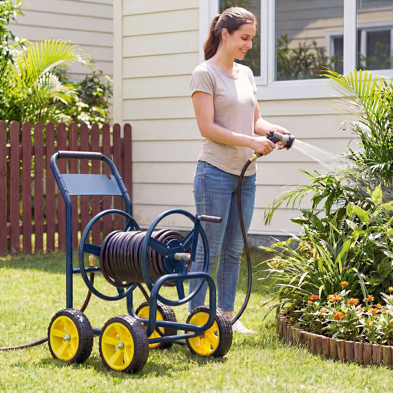 Costway Garden Hose Reel Cart 4 Wheels, 330 ft 5/8” Large Capacity for Outside Yard Lawn Navy