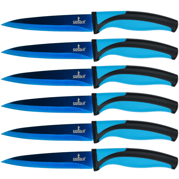 SiliSlick Steak Knife Set - Iridescent Titanium Coated Stainless Steel Knives - 5 inch / 12.7cm - (6 Blue Handle & Blue Blade)
