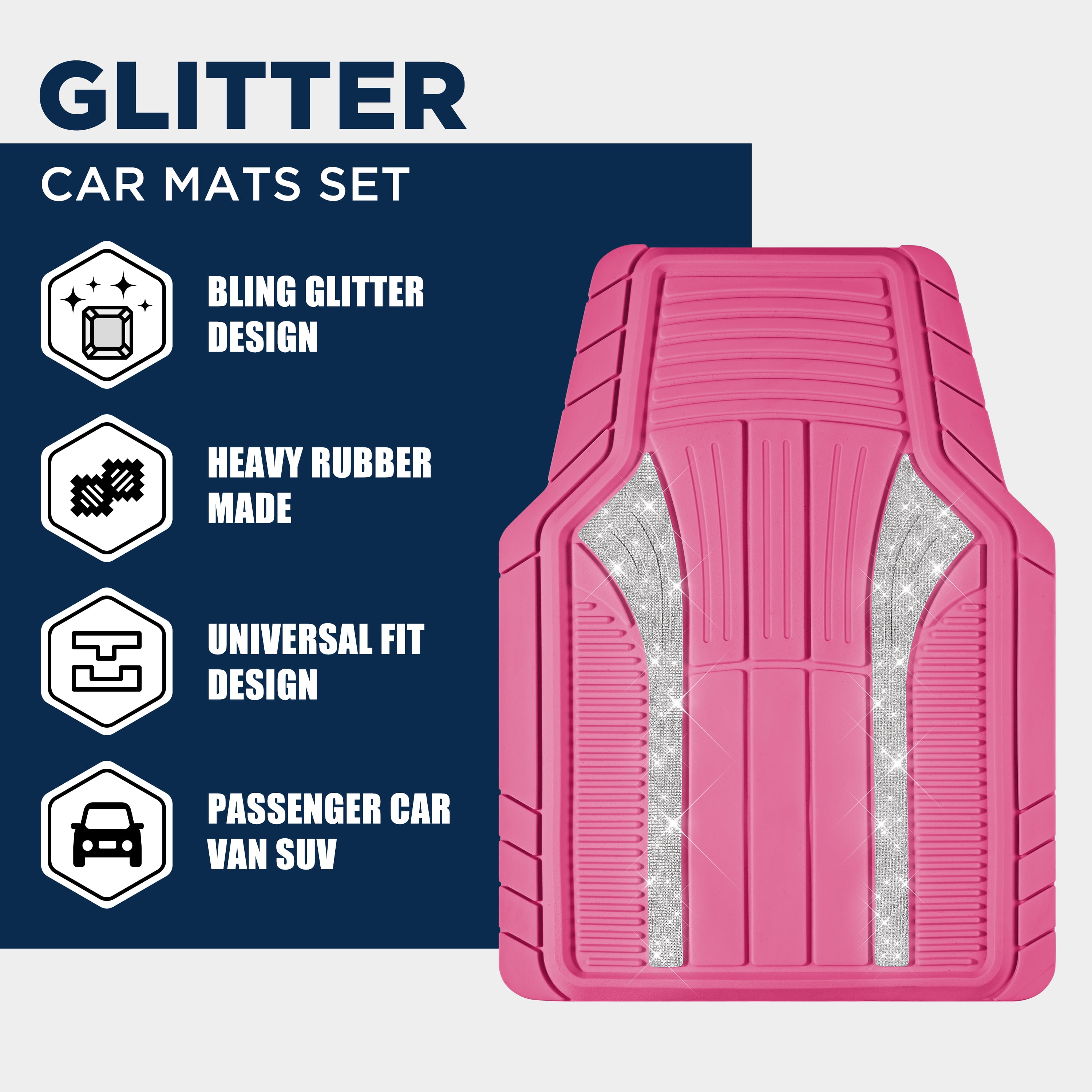 PIC AUTO Bling Rubber Floor Mats - Sparkly Glitter Hot Pink Car Mats Set, Heavy Duty All-Weather Waterproof Pads for Girls & Women, Universal Fit-Pink