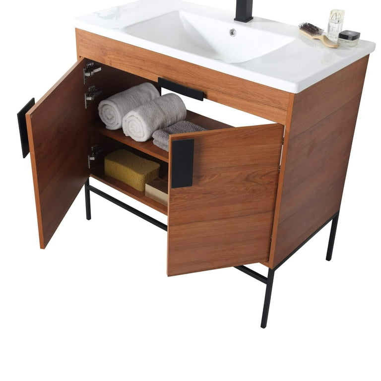 Fine Fixtures - Modern Black Marble 36 Bathroom Vanity Set, Satin Brass  Hardware, vitreous China Sink Top 