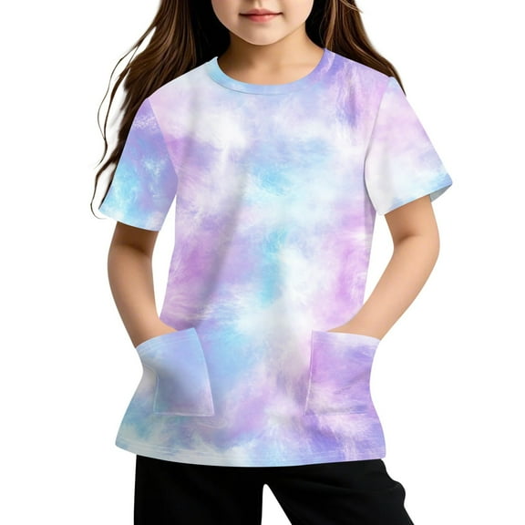 Lumtrix Girls Summer T Shirts Kids Casual Crewneck Short Sleeve Tie Dye Loose Fit Tee Tops with Pocket 3-14 Years Light Purple 110