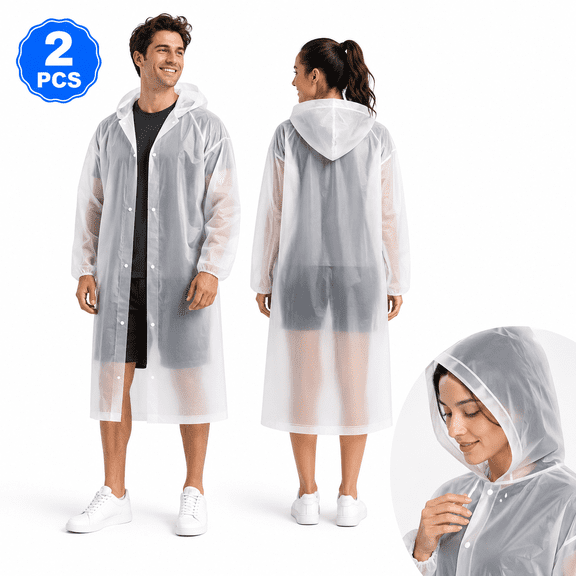 Himonut Rain Ponchos for Adults, 2 Pack Reusable EVA Hooded Raincoats with Snap Closure, One Size Fits Most, White