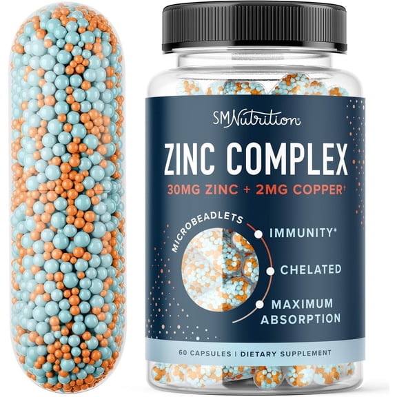 Zinc Microbeadlets with Copper for Immune & Acne Support | Chelated Zinc Supplement 30mg | 60 Ct