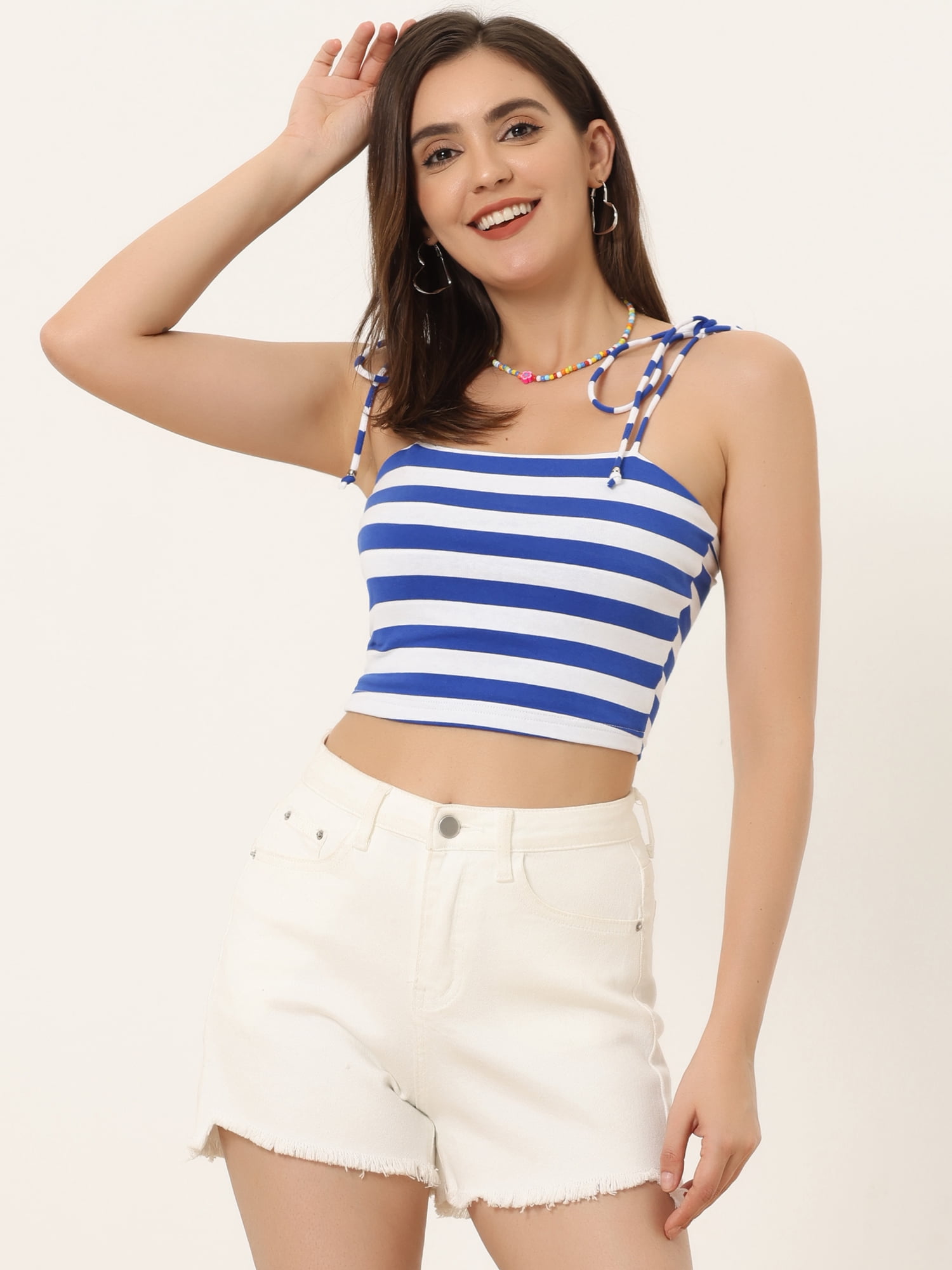 DARING DIVA Women's Rainbow Striped Tie Crop Top M White Blue
