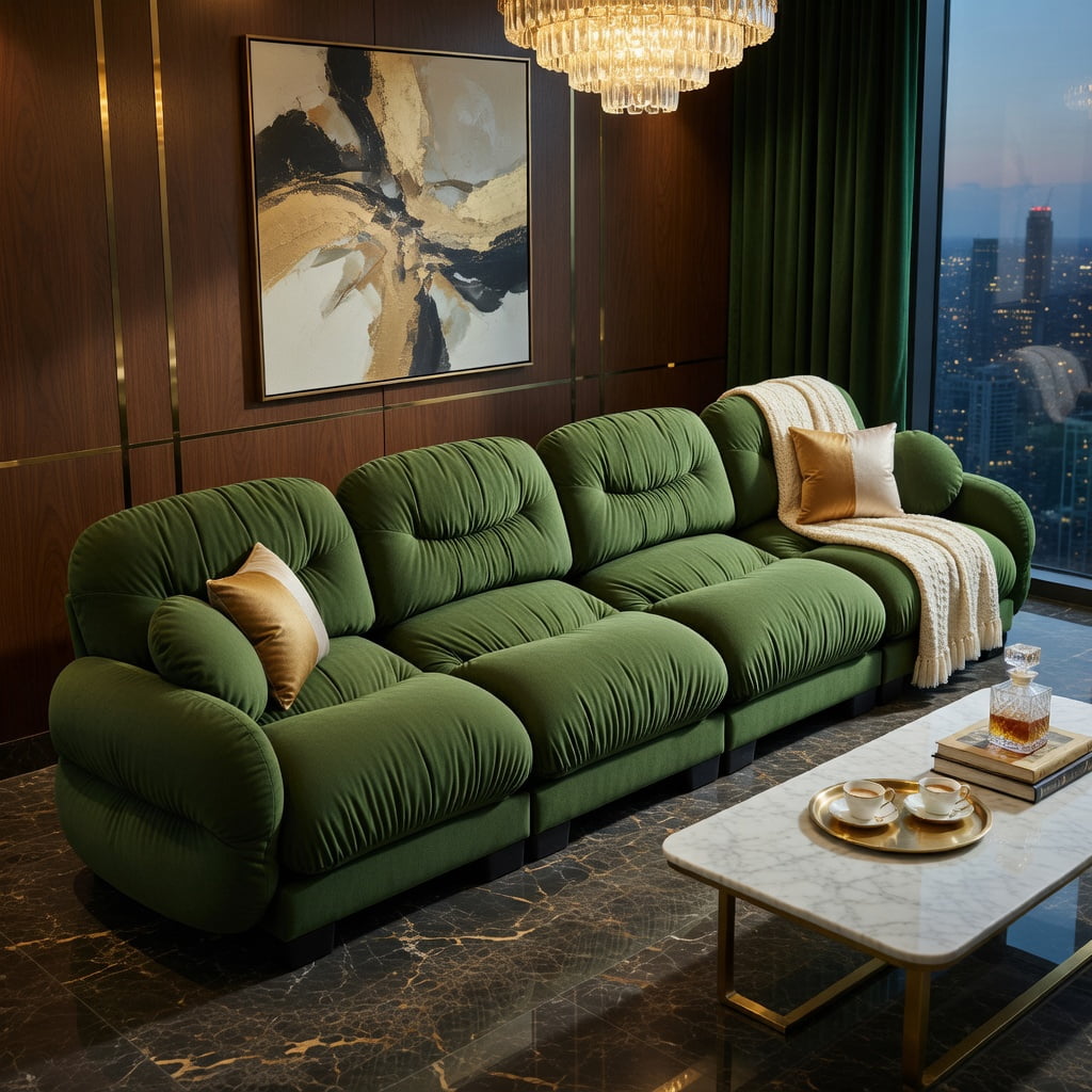 Hommoo Chenille 4-Seat Modular Sofa with Pleated Back Design, Ergonomic High-Density Foam Cushions, Curved Armrests & 2 Round Throw Pillows, Modern Living Room Sectional, Green