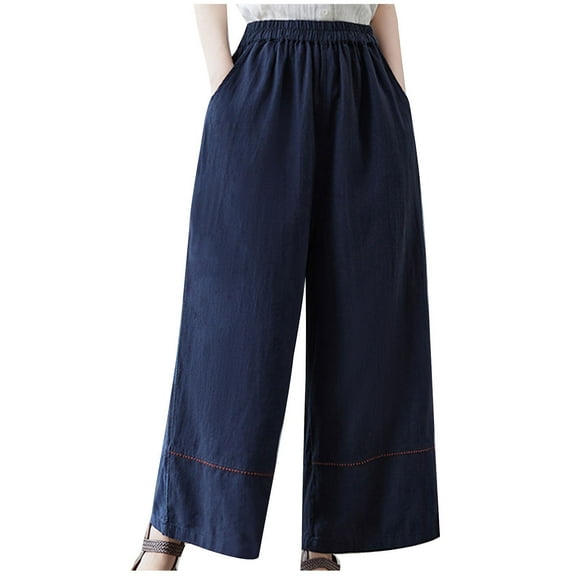 BLVB Womens Baggy Cotton Linen Wide Leg Pants Casual Comfy Elastic Waist Lounge Pants Lightweight Beach Trousers with Pockets