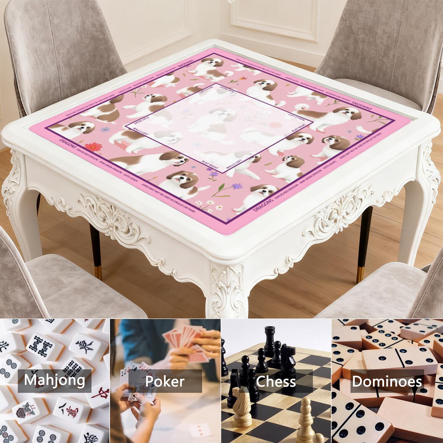 Pink Mahjong Mat with Rules, 31.5*31.5in Anti Slip American Mahjong Mat for Table, Noise Reduction, Neoprene Mah jongg Mats with Carrying Bag & 3 Dices, Mahjong Supplies Gift, Board Tile Games Mats