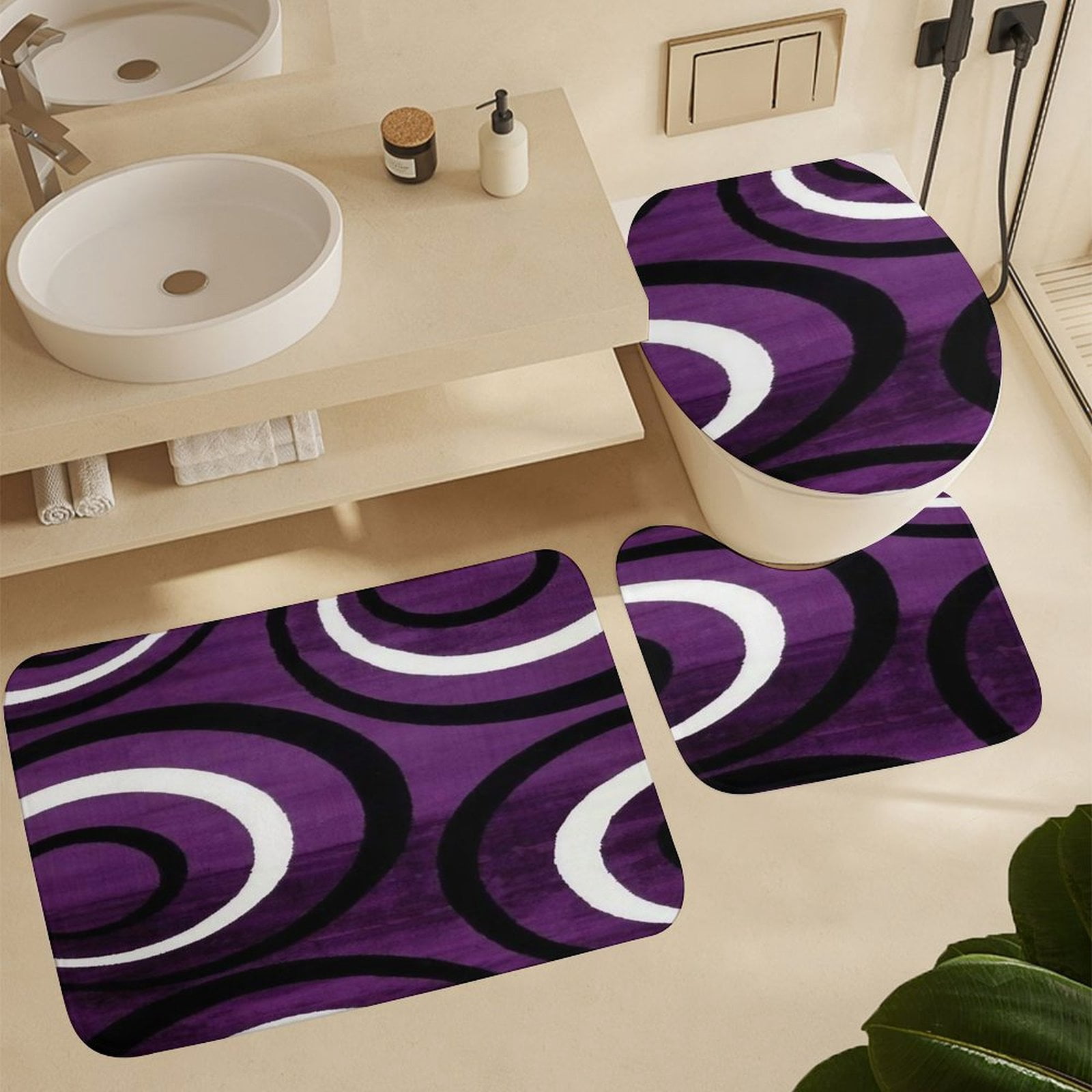 Geometric Circle Stripe 4 Piece Shower Curtain Sets, Non-Slip Rugs, Toilet Lid Cover And Bath Mat, for Bathroom Decor Set, 72" X 72"