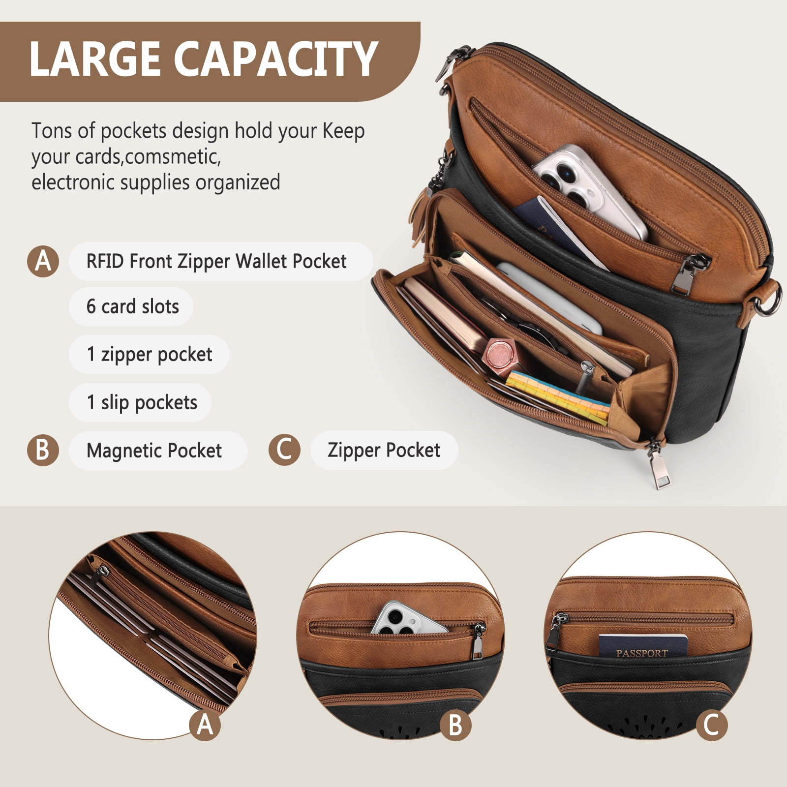 RAINSMORE Crossbody Bags for Women Leather Crossbody Purse Designer Womens Shoulder Handbags Trendy Cross Body Purse,BlackBrown