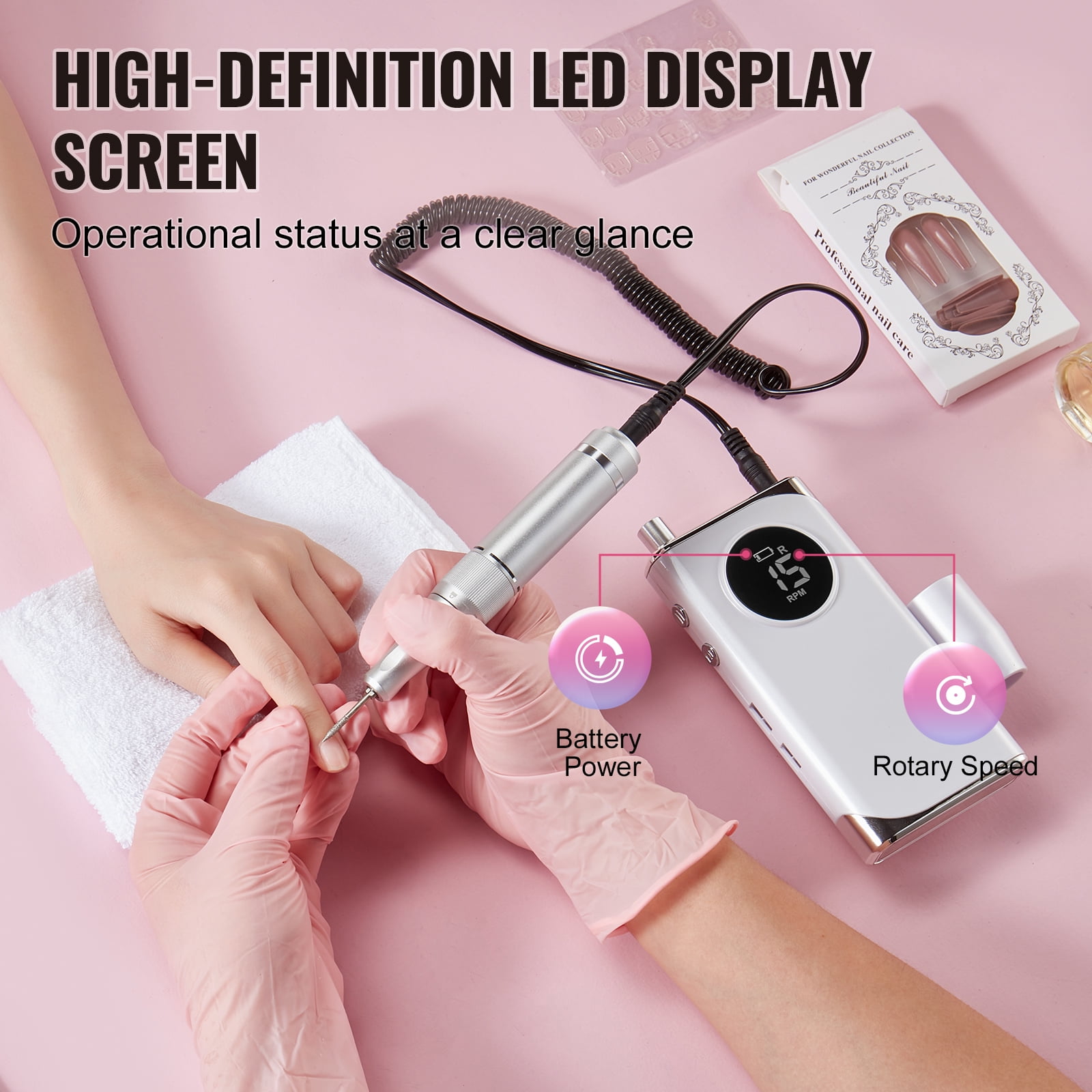 KFFKFF Cordless Nail Drill, 40,000RPM, Rechargeable Electric File with LCD, Acrylic & Gel Nail Grinder, Includes 6 Bits & 50 Sanding Bands for Nail Carving & Polishing