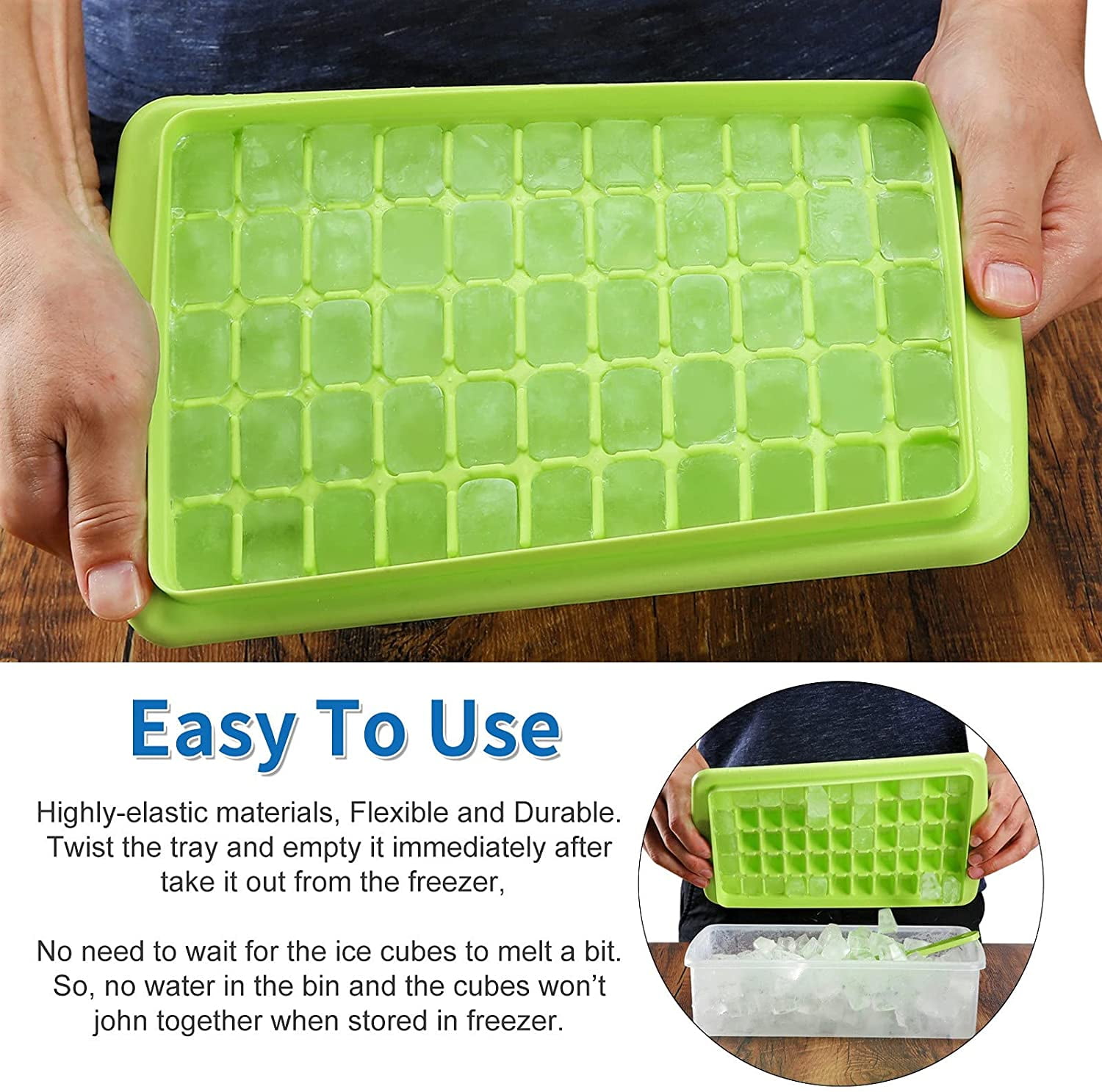Ice Cube Trays with Lid and Bin for Freezer, Easy Release 55 Mini Nugget Ice Tray 2 Pack, Making 110Pcs Perfect Small Cubes, with Storage Container, Scoop, Flexible Durable, BPA Free.
