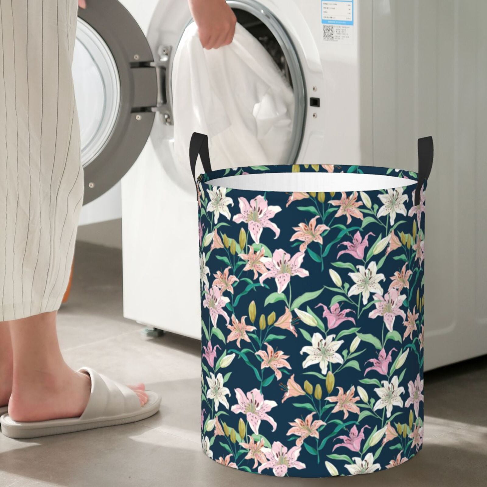 Large Laundry Basket with Handles - Lilies Flowers Gorgeous Pink Kids Baby Dirty Clothes Laundry Hamper for Bedroom Aesthetic