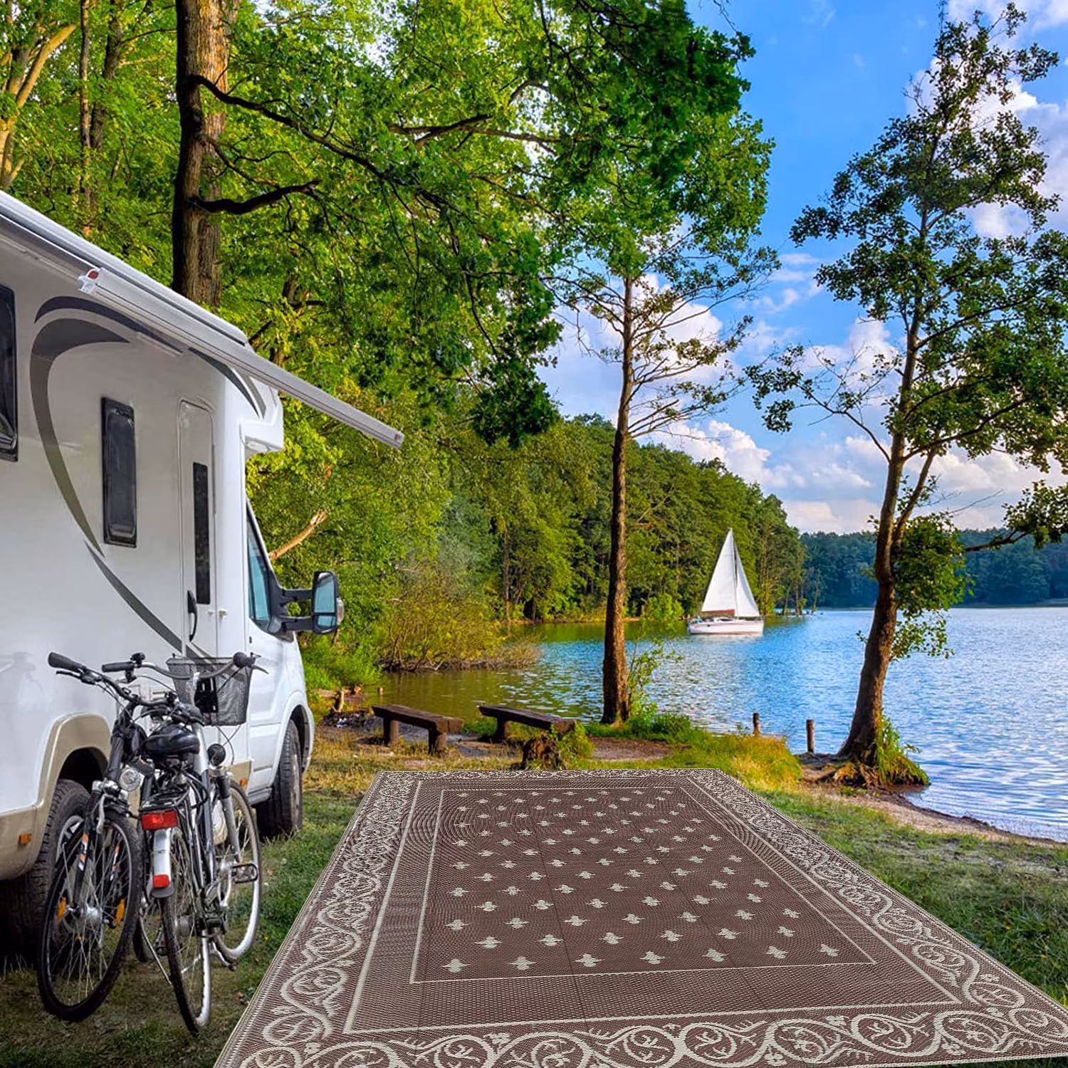 thumbnail image 3 of Findosom 9'x12' Brown Large Outdoor Rug Outdoor Mat RV Outdoor Rug Reversible Plastic Straw Area Rug Mat Camping Rugs Waterproof Floor Mat and Rug for RV,Patio,Backyard,Deck,Picnic,Beach,Trailer, 3 of 7