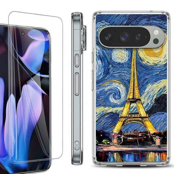 For Google Pixel 9 Pro XL Phone Case Cover, Shockproof Bumper Case with Tempered Glass Screen Protector, by OneToughShield - Starry Night Eiffel